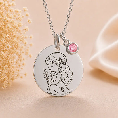 Kinder Sternzeichen Kette mit Gravurplatte & Geburtsstein 925 Silber personalisiert - inklusive Ankerkette 45cm
