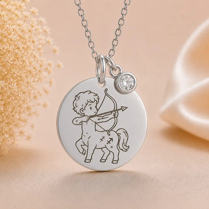 Kinder Sternzeichen Kette mit Gravurplatte & Geburtsstein 925 Silber personalisiert - inklusive Ankerkette 45cm