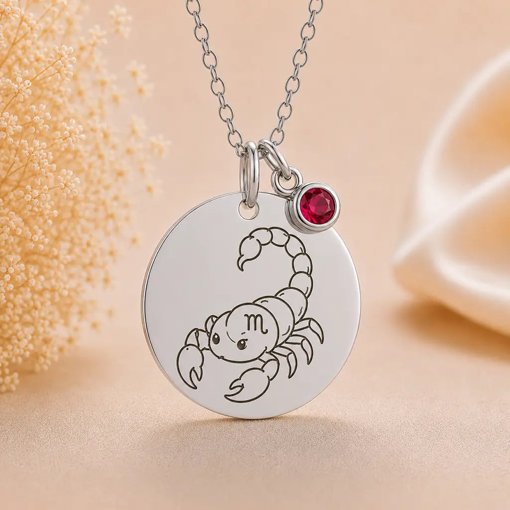Kinder Sternzeichen Kette mit Gravurplatte & Geburtsstein 925 Silber personalisiert - inklusive Ankerkette 45cm