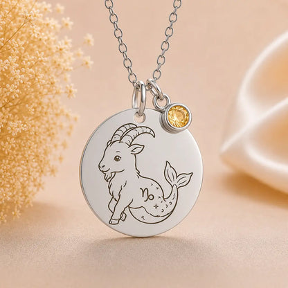 Kinder Sternzeichen Kette mit Gravurplatte & Geburtsstein 925 Silber personalisiert - inklusive Ankerkette 45cm