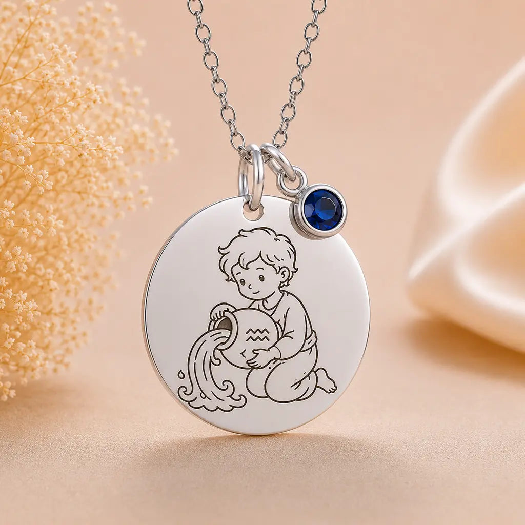 Kinder Sternzeichen Kette mit Gravurplatte & Geburtsstein 925 Silber personalisiert - inklusive Ankerkette 45cm