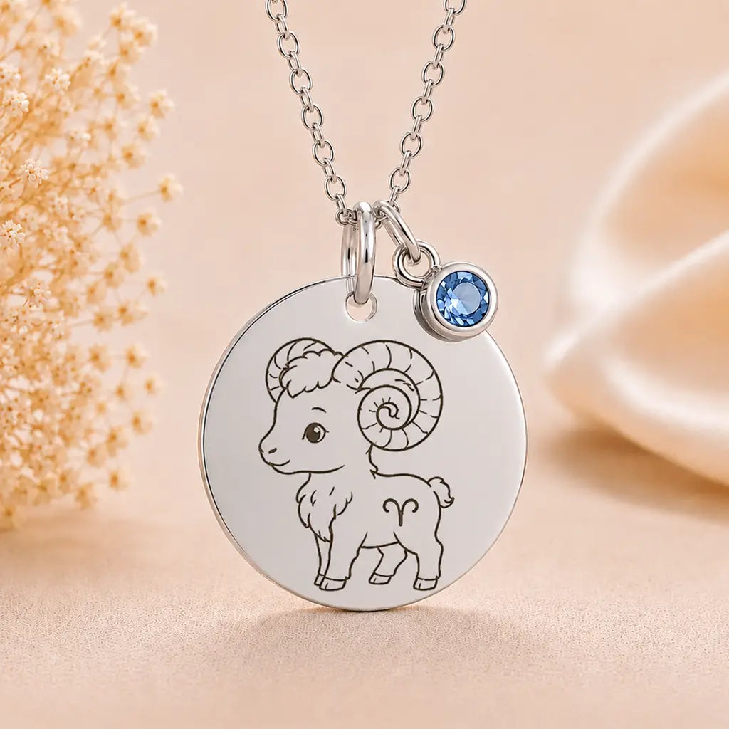 Kinder Sternzeichen Kette mit Gravurplatte & Geburtsstein 925 Silber personalisiert - inklusive Ankerkette 45cm