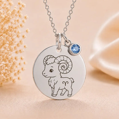 Kinder Sternzeichen Kette mit Gravurplatte & Geburtsstein 925 Silber personalisiert - inklusive Ankerkette 45cm