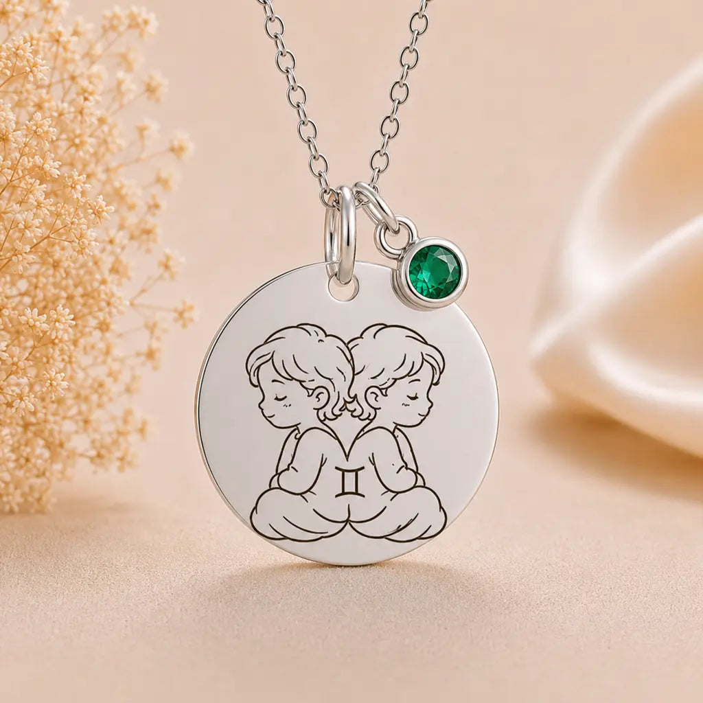 Kinder Sternzeichen Kette mit Gravurplatte & Geburtsstein 925 Silber personalisiert - inklusive Ankerkette 45cm