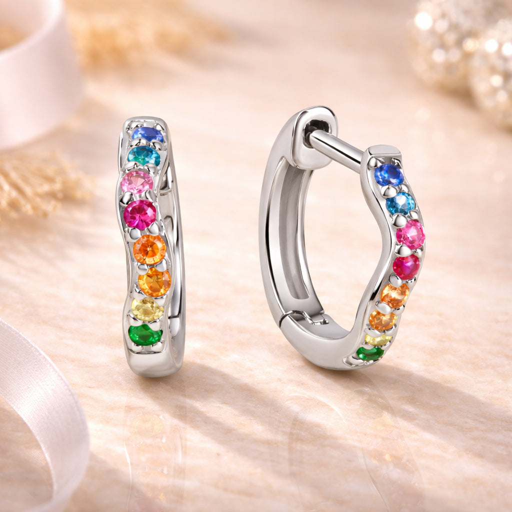 Damen Klappcreolen 925 Sterling Silber rhodiniert 1,2cm bunte Zirkonia