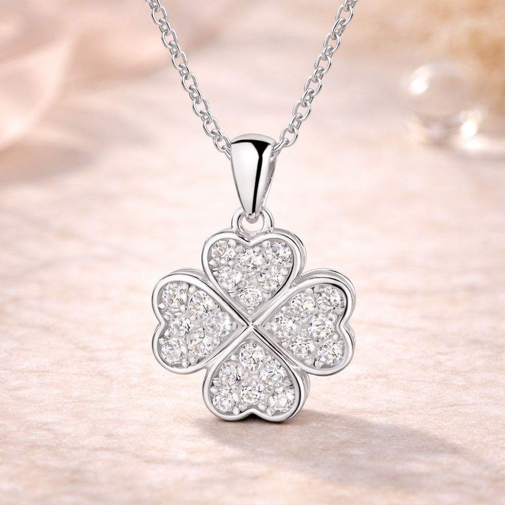 Damen Kleeblatt Anhänger mit Kette 925er Sterling Silber rhodiniert 45cm - Zirkonia Herzdesign
