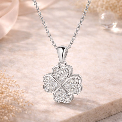Damen Kleeblatt Anhänger mit Kette 925er Sterling Silber rhodiniert 45cm - Zirkonia Herzdesign