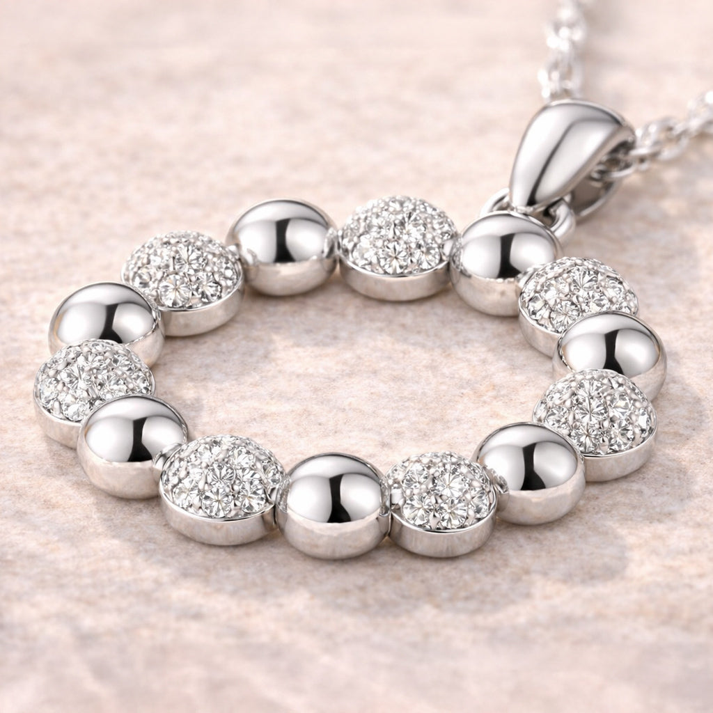 925er Sterling Silber Collier mit Kreis aus Halbkugeln und Zirkonia