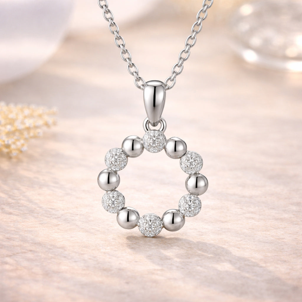 925er Sterling Silber Collier mit Kreis aus Halbkugeln und Zirkonia