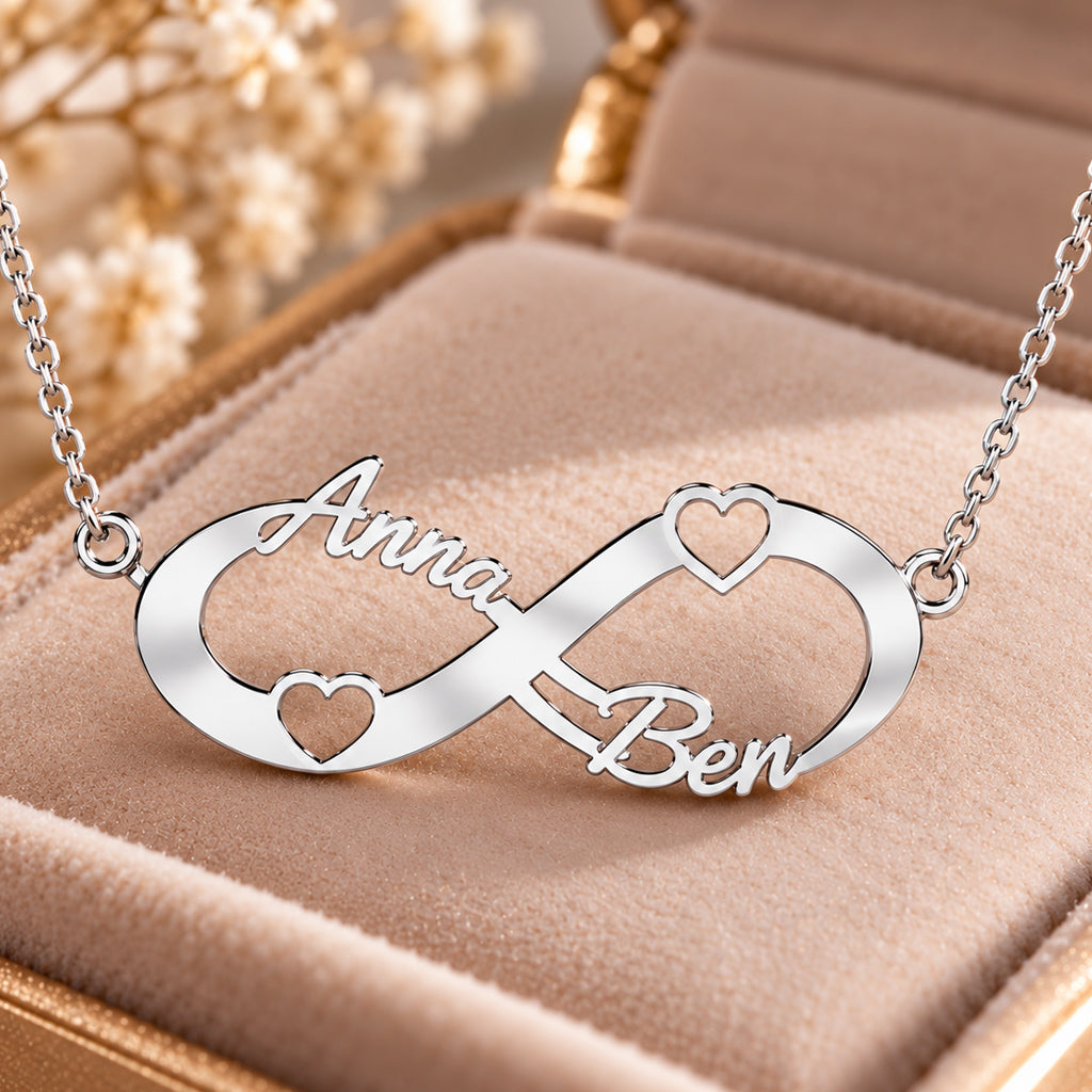 Infinity Namenskette mit Herzchen - 925 Sterling Silber - Silber | Vergoldet | Rosévergoldet mit 2 Wunschname