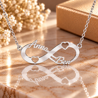 Infinity Namenskette mit Herzchen - 925 Sterling Silber - Silber | Vergoldet | Rosévergoldet mit 2 Wunschname