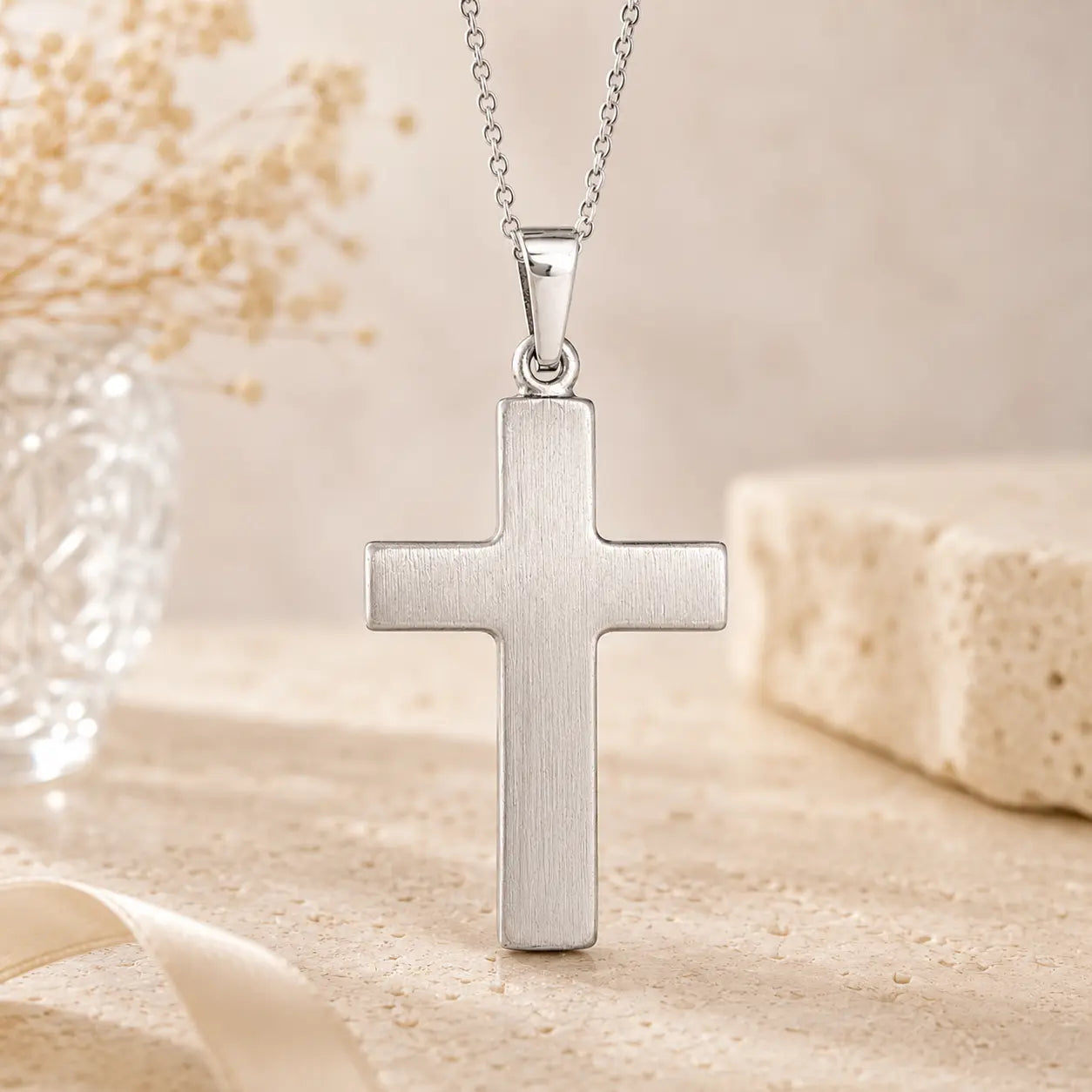 Kreuz Anhänger Damen 925 Sterling Silber mattiert - gravierbar mit optionaler Ankerkette 45cm
