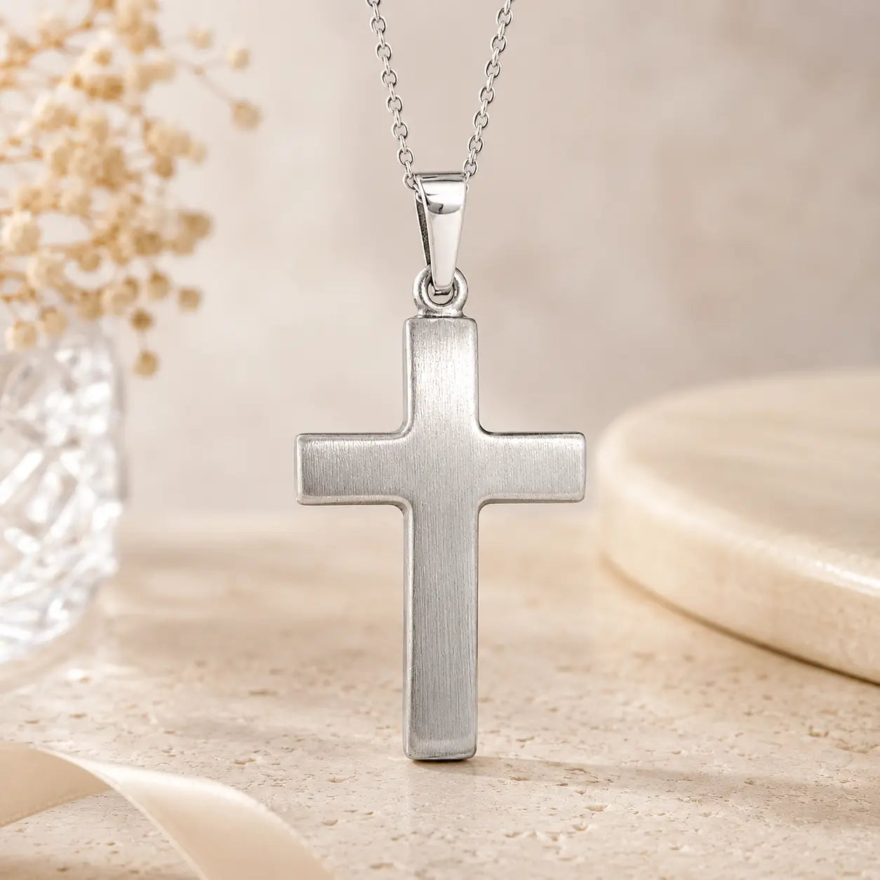 Kreuz Anhänger Damen 925 Sterling Silber mattiert - gravierbar mit optionaler Ankerkette 45cm