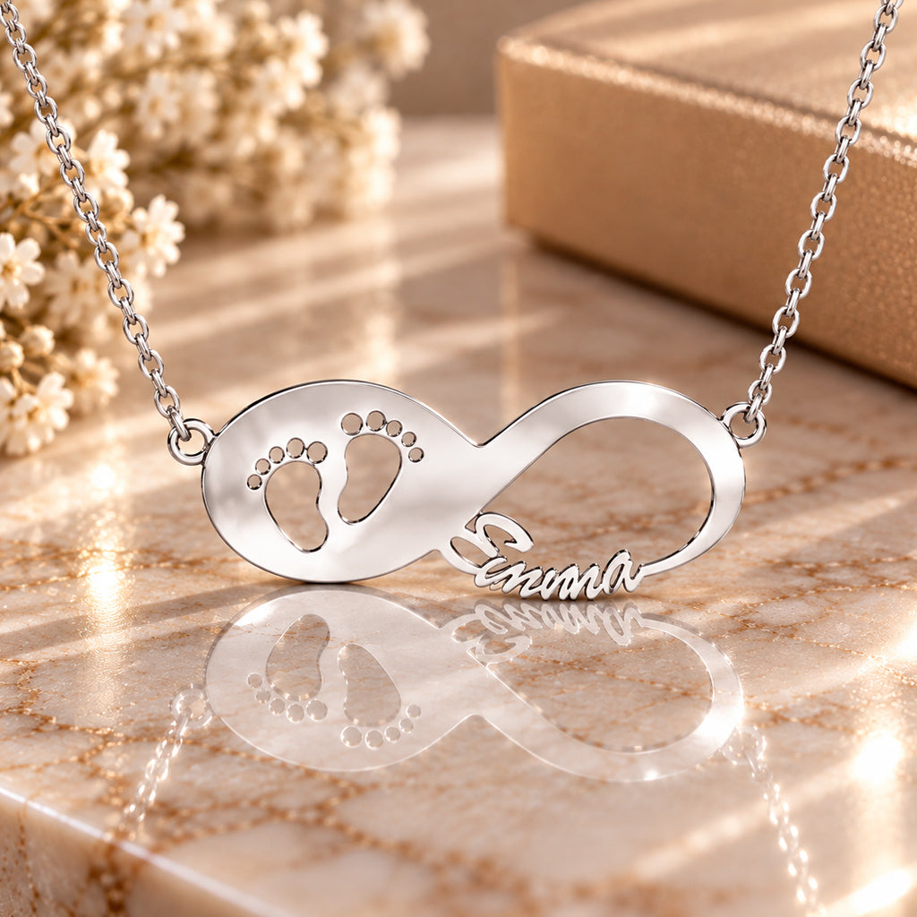 Infinity Namenskette mit Babyfüße - 925 Sterling Silber - Silber | Vergoldet | Rosévergoldet mit Wunschname