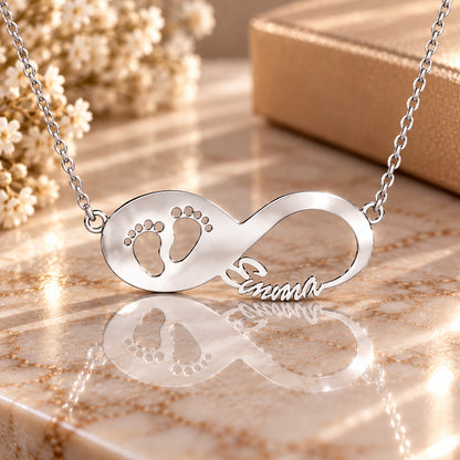 Infinity Namenskette mit Babyfüße - 925 Sterling Silber - Silber | Vergoldet | Rosévergoldet mit Wunschname