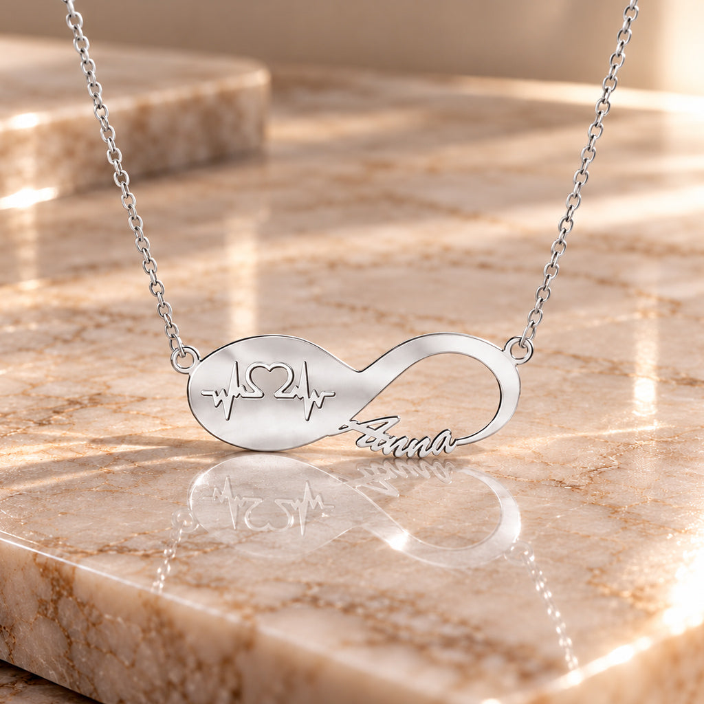 Infinity Namenskette mit Herzschlag - 925 Sterling Silber - Silber | Vergoldet | Rosévergoldet mit Wunschname