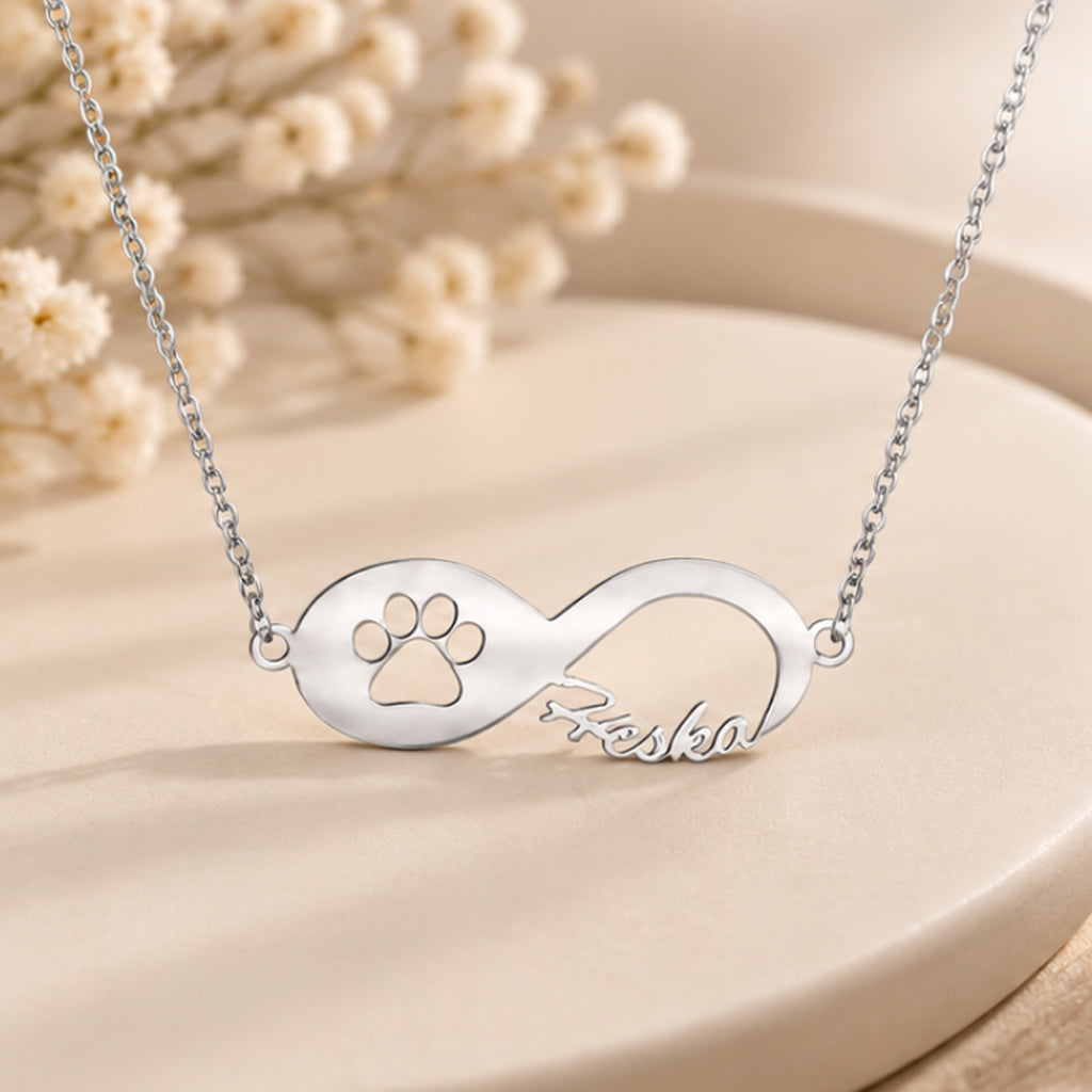 Infinity Namenskette mit Pfote - 925 Sterling Silber - Silber | Vergoldet | Rosévergoldet mit Wunschname