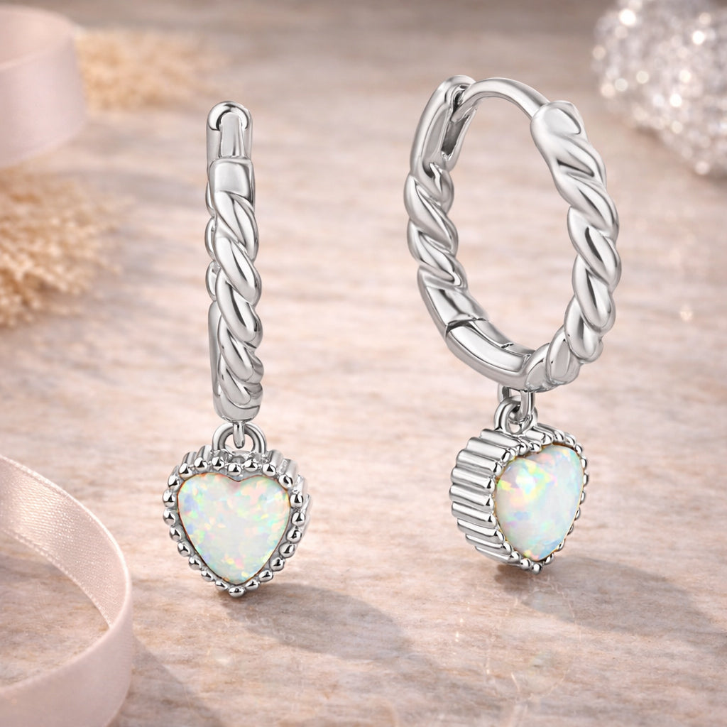 Creolen Damen 925 Sterling Silber Herz Opal Anhänger - rhodiniert oder vergoldet