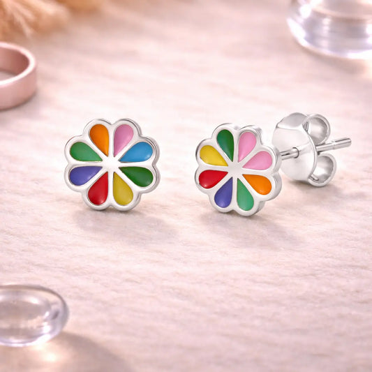 Kinder Ohrstecker 925 Sterling Silber Blume bunt Emaille Steckerverschluss - 7mm