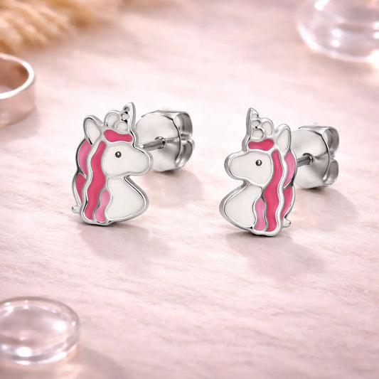 Kinder Ohrringe 925 Sterling Silber Einhorn weiß pink Emaille - 9mm