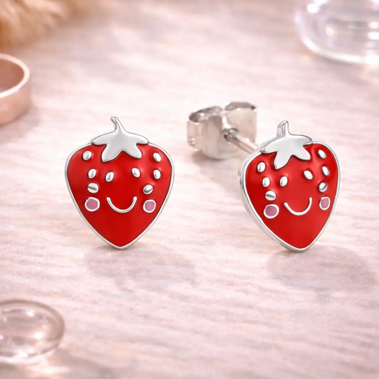 Kinder Ohrstecker 925 Sterling Silber Erdbeere rot Emaille Steckerverschluss - 7mm