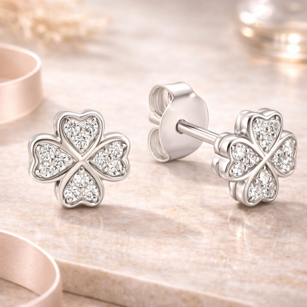 Damen Ohrstecker 925 Sterling Silber rhodiniert mit 24 Zirkonia weiß Kleeblatt
