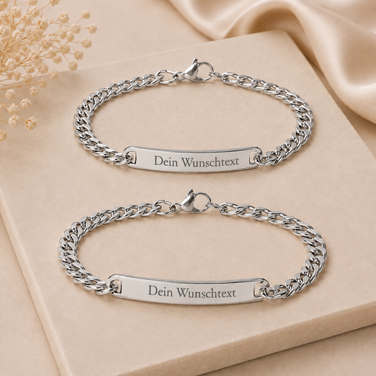 Partnerarmband Set aus 925 Sterling Silber mit Gravur - Panzerarmbänder 19 & 21 cm