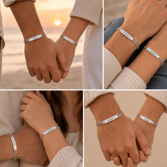 Partnerarmband Set aus 925 Sterling Silber mit Gravur - Panzerarmbänder 19 & 21 cm