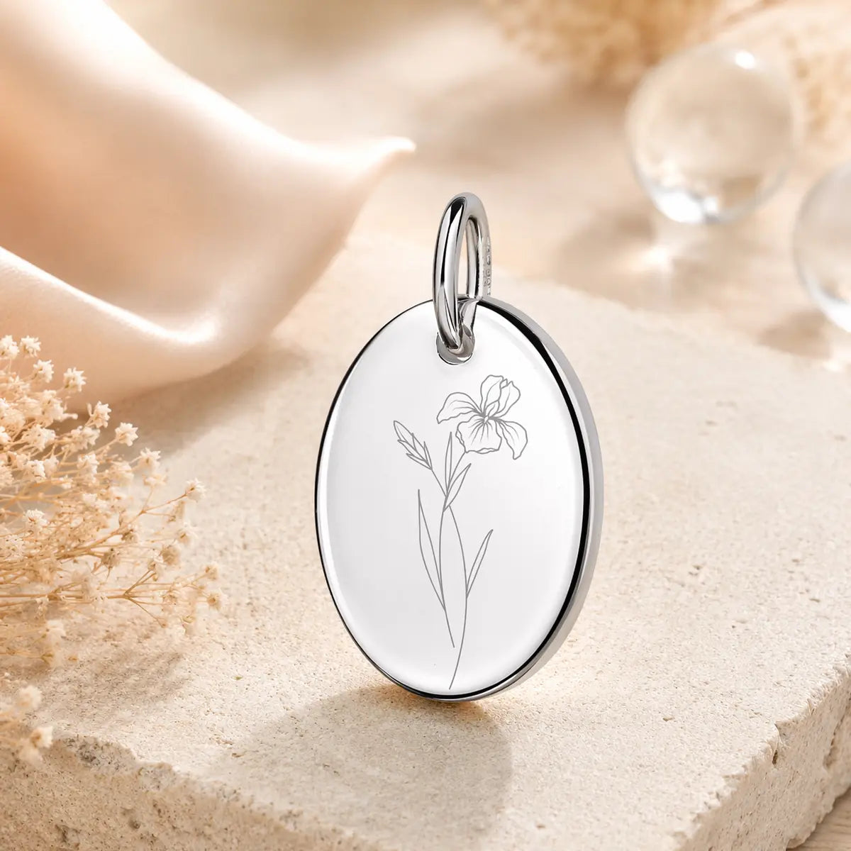Anhänger Damen 925 Sterling Silber rhodiniert Geburtsblume Gravur - 15mm