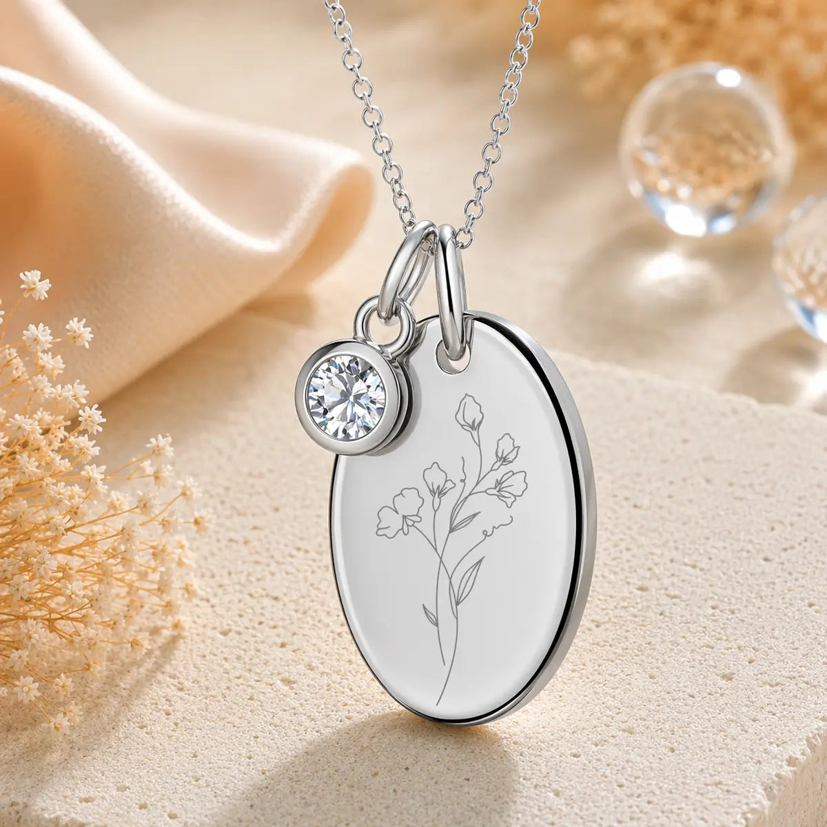 Anhänger Damen 925 Sterling Silber rhodiniert Geburtsblume Gravur - 15mm