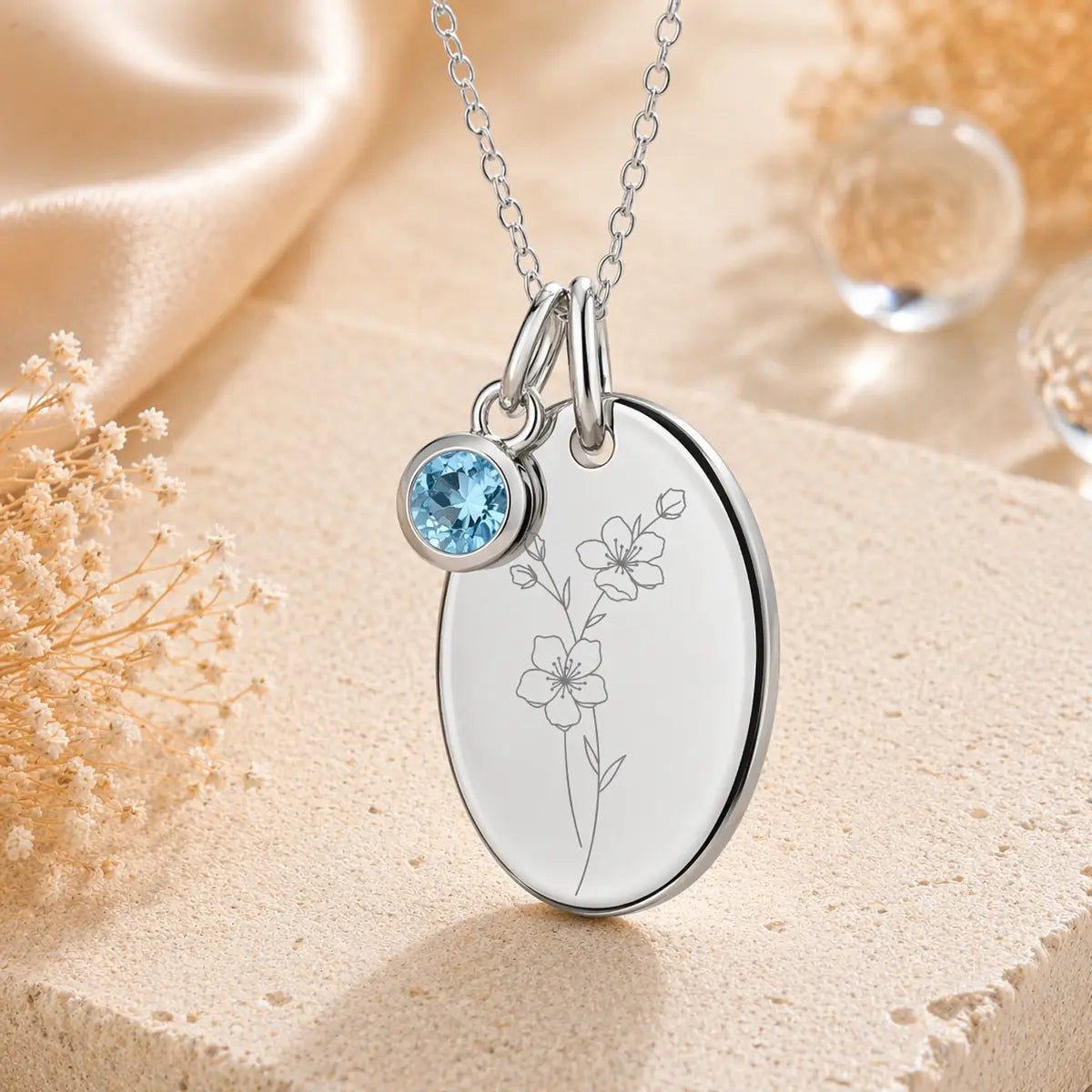 Anhänger Damen 925 Sterling Silber rhodiniert Geburtsblume Gravur - 15mm