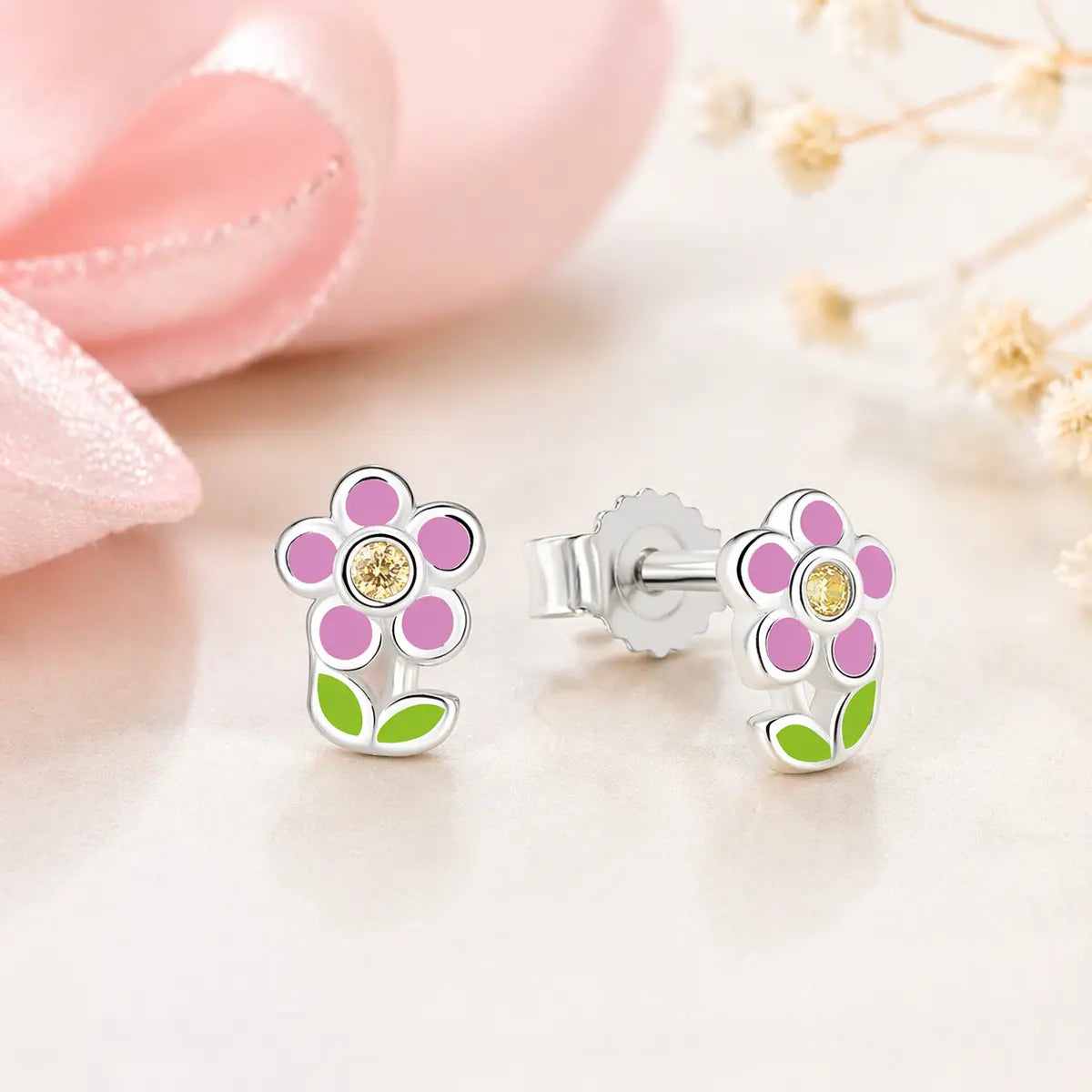 Ohrstecker Kinder 925 Sterling Silber rhodiniert Lack Blume Zirkonia - 7mm