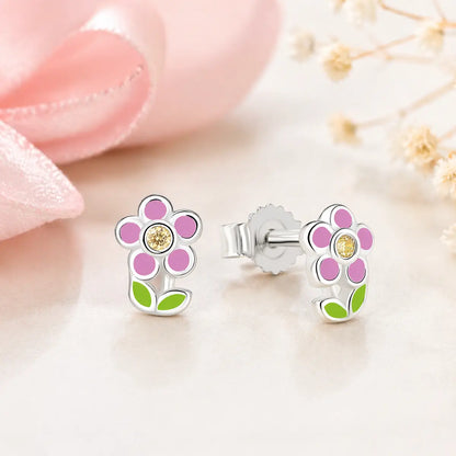 Ohrstecker Kinder 925 Sterling Silber rhodiniert Lack Blume Zirkonia - 7mm