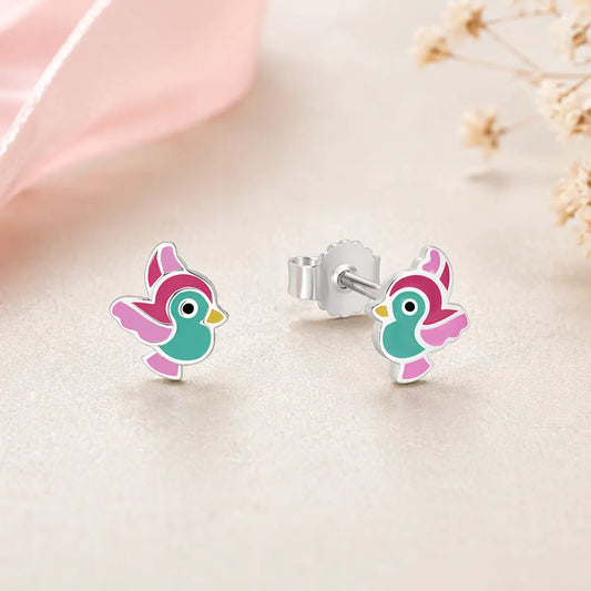 Ohrstecker Kinder 925 Sterling Silber rhodiniert Lack Vogel bunt - 7,5mm