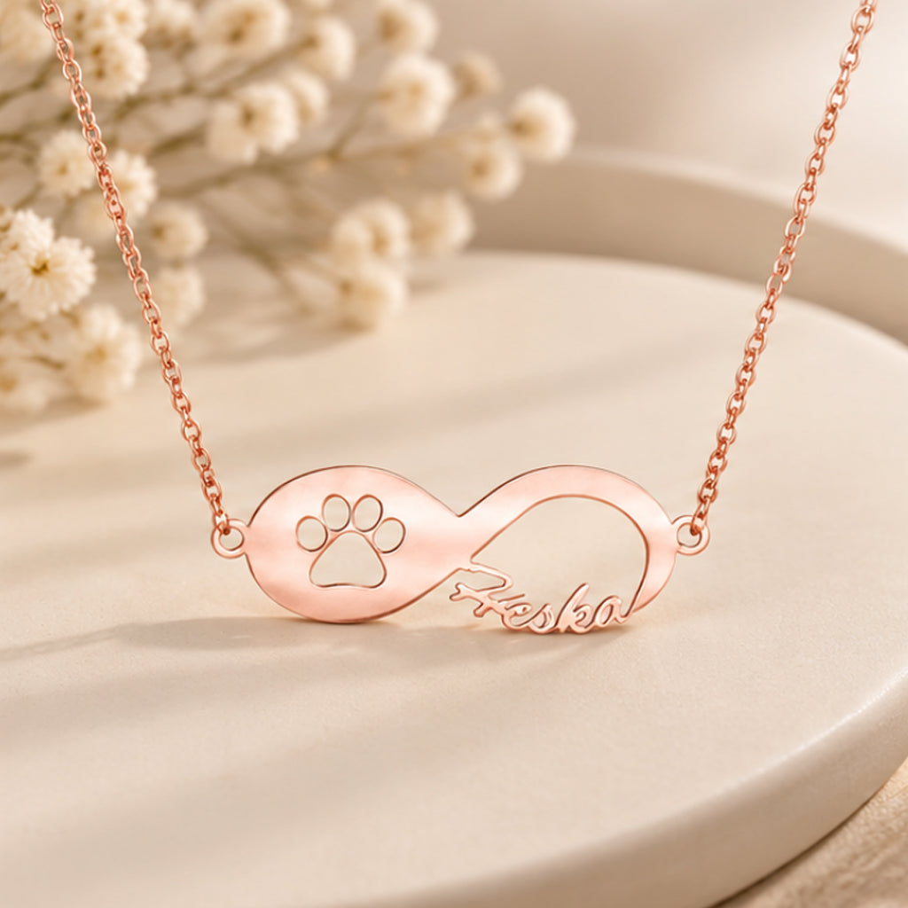 Infinity Namenskette mit Pfote - 925 Sterling Silber - Silber | Vergoldet | Rosévergoldet mit Wunschname