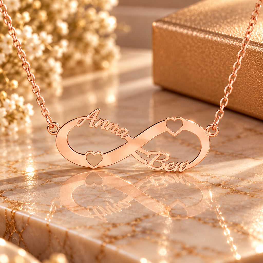 Infinity Namenskette mit Herzchen - 925 Sterling Silber - Silber | Vergoldet | Rosévergoldet mit 2 Wunschname