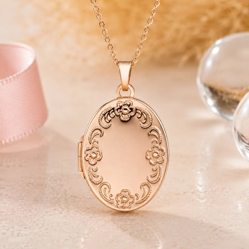 Medaillon oval Damen 925 Sterling Silber rosévergoldet Blumenmuster für 2 Fotos Fotoanhänger zum Öffnen - optional mit Ankerkette