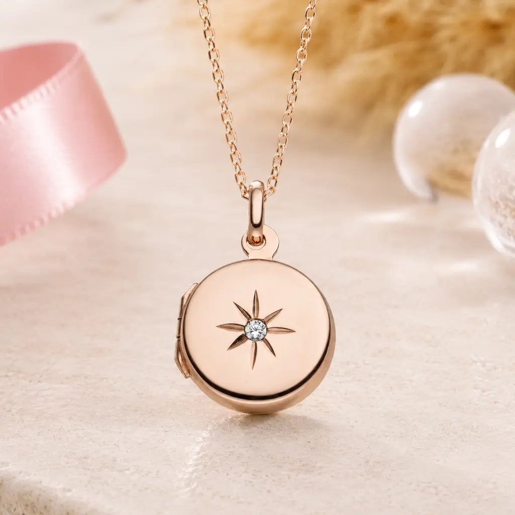 Medaillon rund Damen 925 Sterling Silber rosévergoldet mit Zirkonia für 2 Fotos - optional mit Ankerkette
