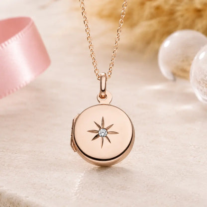 Medaillon rund Damen 925 Sterling Silber rosévergoldet mit Zirkonia für 2 Fotos - optional mit Ankerkette