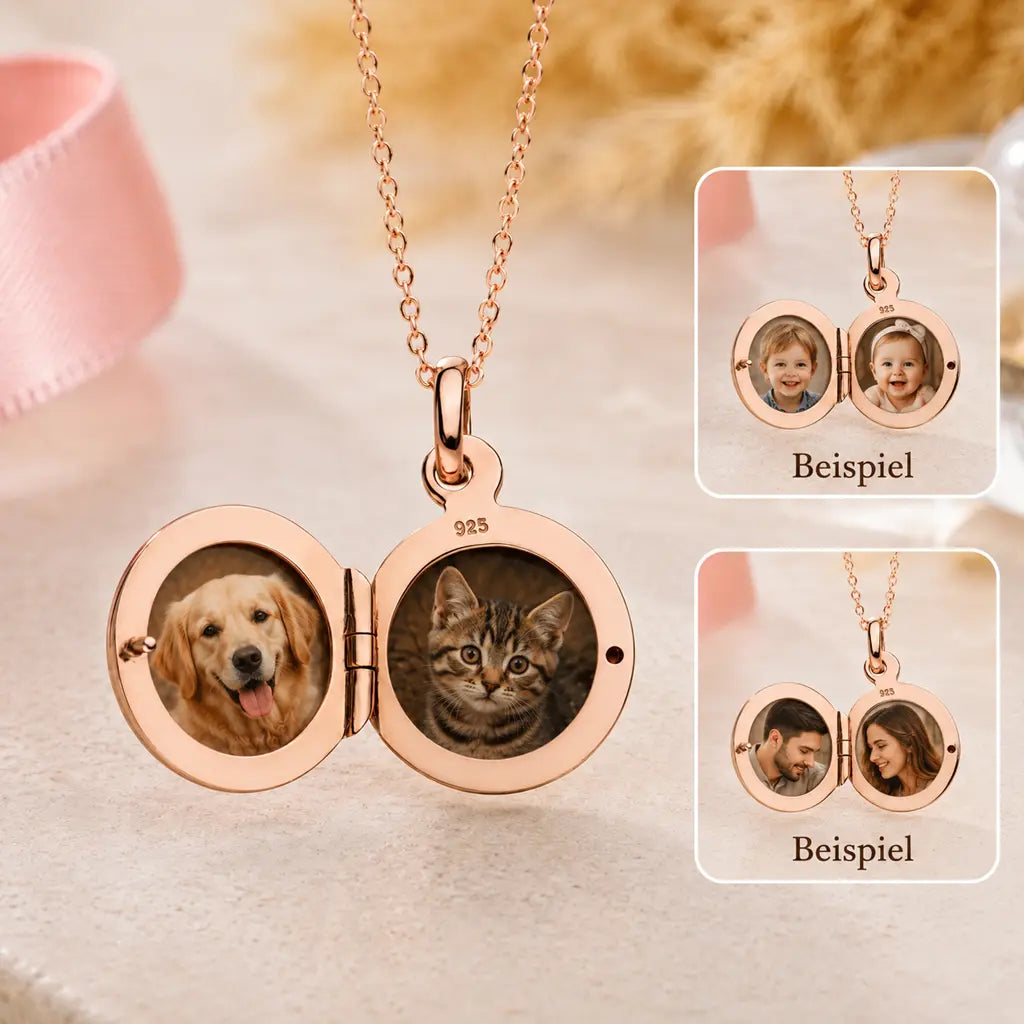 Medaillon rund Damen 925 Sterling Silber rosévergoldet mit Zirkonia für 2 Fotos - optional mit Ankerkette