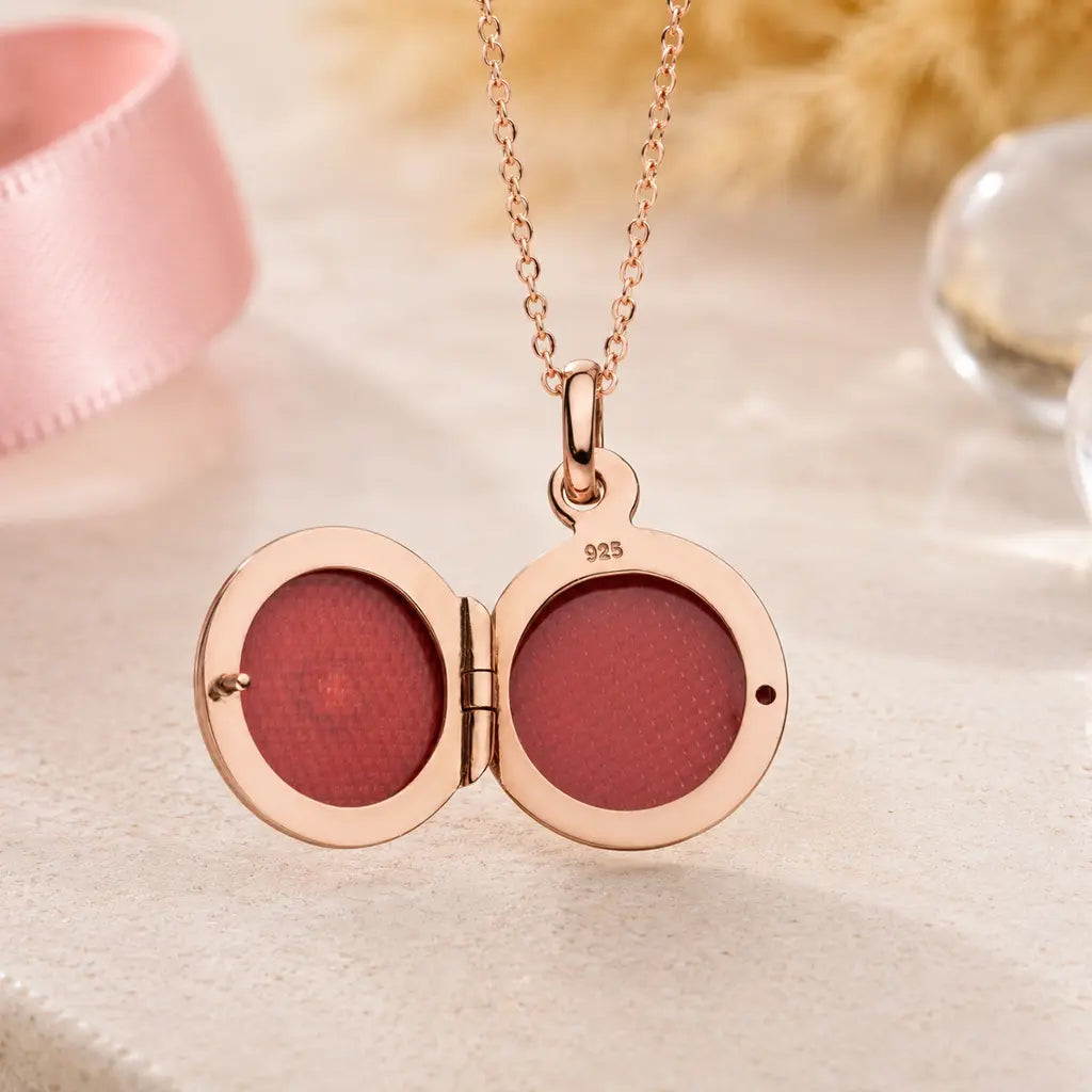Medaillon rund Damen 925 Sterling Silber rosévergoldet mit Zirkonia für 2 Fotos - optional mit Ankerkette