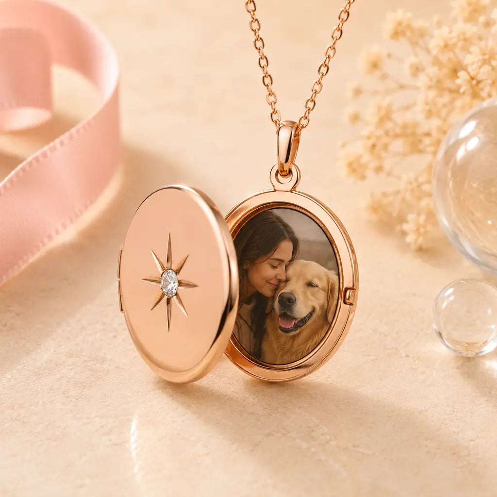Medaillon rund Damen 925 Sterling Silber rosévergoldet mit Zirkonia für 2 Fotos - optional mit Ankerkette