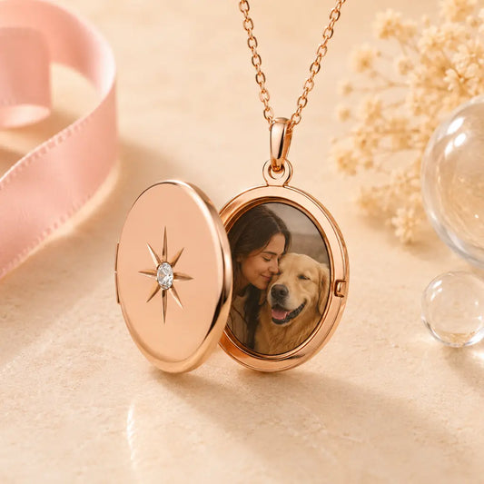 Medaillon rund Damen 925 Sterling Silber rosévergoldet mit Zirkonia für 2 Fotos - optional mit Ankerkette