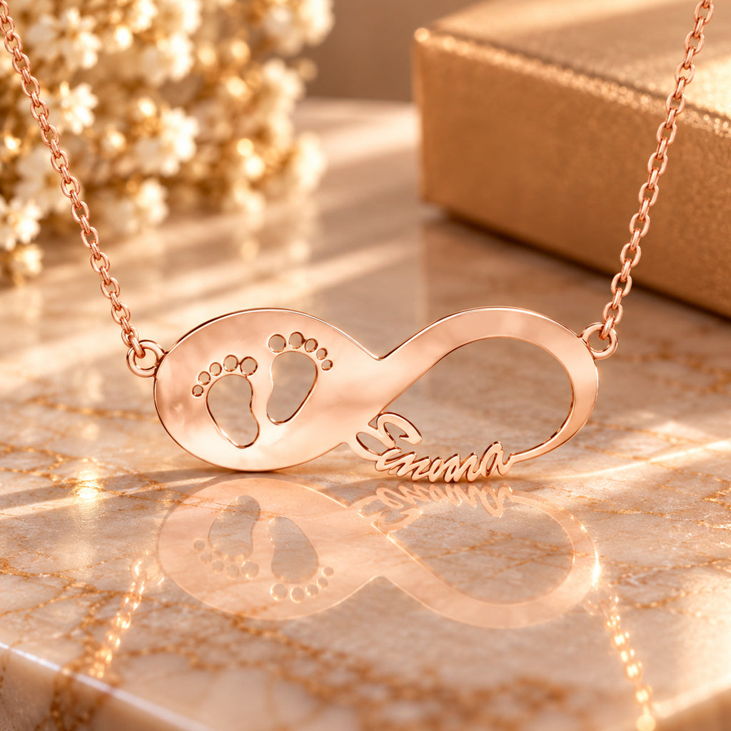 Infinity Namenskette mit Babyfüße - 925 Sterling Silber - Silber | Vergoldet | Rosévergoldet mit Wunschname