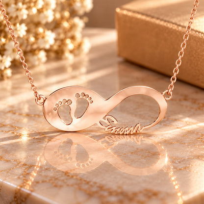 Infinity Namenskette mit Babyfüße - 925 Sterling Silber - Silber | Vergoldet | Rosévergoldet mit Wunschname
