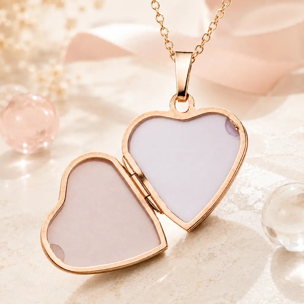 Herz Medaillon Damen 925 Sterling Silber rosévergoldet teil-mattiert für 2 Fotos Fotoanhänger zum Öffnen - optional mit Ankerkette