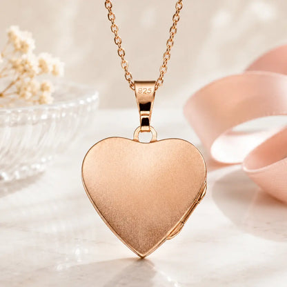 Herz Medaillon Damen 925 Sterling Silber rosévergoldet teil-mattiert für 2 Fotos Fotoanhänger zum Öffnen - optional mit Ankerkette