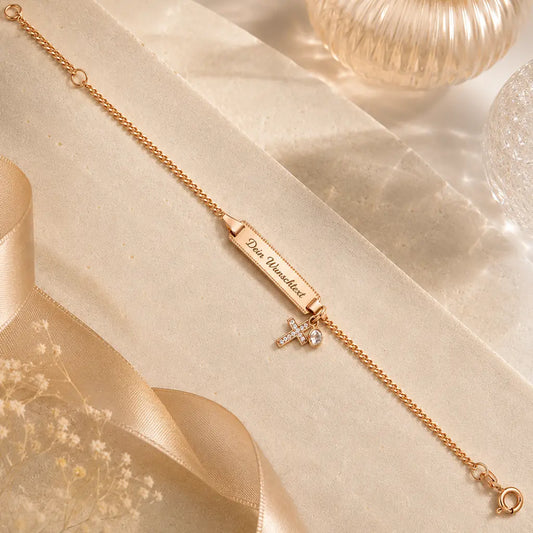 Damen Schildarmband 925 Sterling Silber rotgoldvergoldet Kreuz Zirkonia gravierbar - 16cm