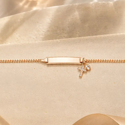 Damen Schildarmband 925 Sterling Silber rotgoldvergoldet Kreuz Zirkonia gravierbar - 16cm