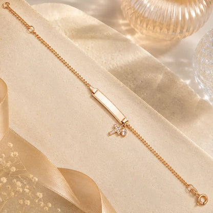 Damen Schildarmband 925 Sterling Silber rotgoldvergoldet Kreuz Zirkonia gravierbar - 16cm
